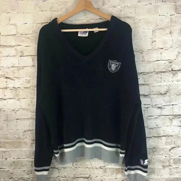 NFL Starter Men's Large Raiders V Neck Pullover Sweater Acrylic Black Gray READ - Picture 1 of 9